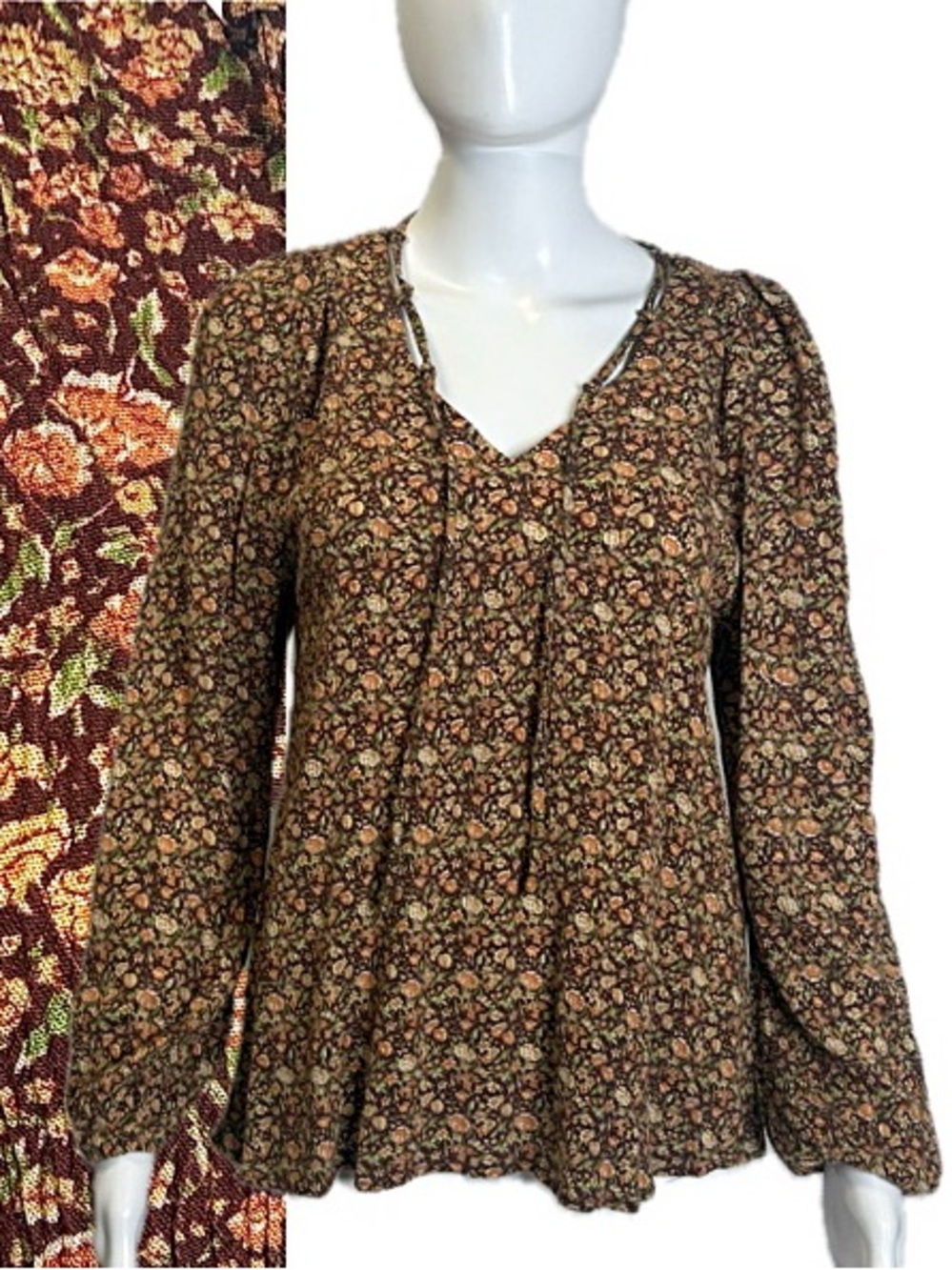 Natural Life Ditsy Floral Long Sleeve Peasant Top Womens Size M Brown V-Neck
